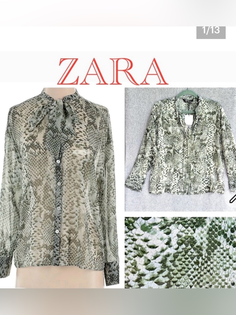 ZARA bow snake skin print semi sheer long sleeve blouse green size S